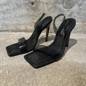 Good American Size 7.5 Black glitter square toe high heel sandals